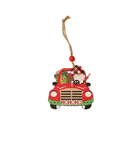 Decoratiune de Craciun din Lemn, Flippy, cu Snur pentru Agatare in Brad, Model Masina lui Mos Craciun, Scris HoHoHO, 8x8x0.4 cm, Multicolor