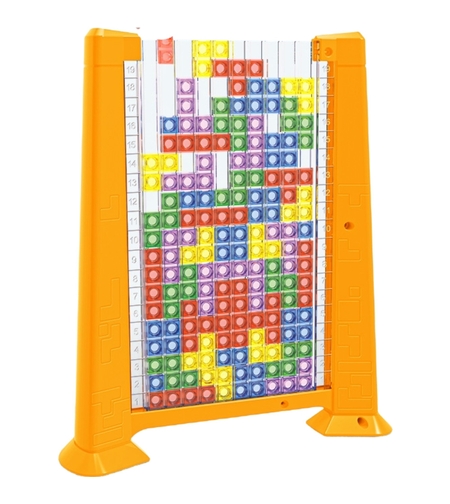 Joc de inteligenta Tetris puzzle tangram Flippy, 70 de piese multicolore, 3D, montessori, interactiv, din plastic, zar inclus, sac depozitare piese, varsta peste 6 ani, 23 x 19.8 x 5 cm, cadru galben