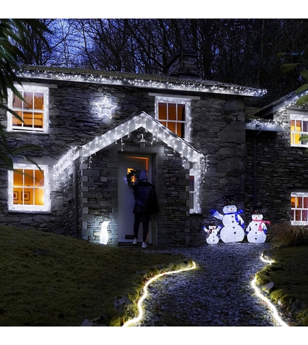 Instalatie de Craciun Flippy® Tip Turturi, Franjuri cu Flash, IP65, Sectiune 5 m, 120 LED-uri, Interconectabila, Fir Transparent, Alb Rece