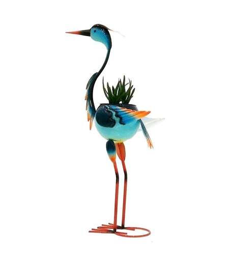 Decoratiune pentru Gradina, Vafy, Flamingo pentru Gradina cu Suport pentru Plante Flori, Ornament de Ghiveci de Flori, Model Flamingo, din Fier, 71 x 34 x 22 cm, Albastru