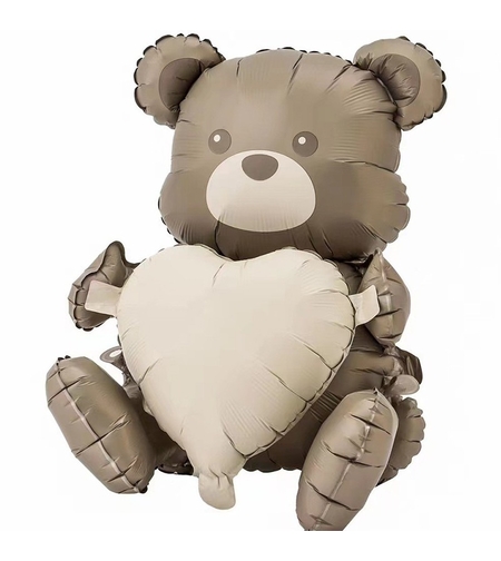 Balon din Folie Metalizata, Flippy, Figurina Animata, Model Ursulet cu Inima, 65 x 65 cm, Ambalaj Individual, Pai Inclus, Umflare cu Aer sau Heliu, Maro
