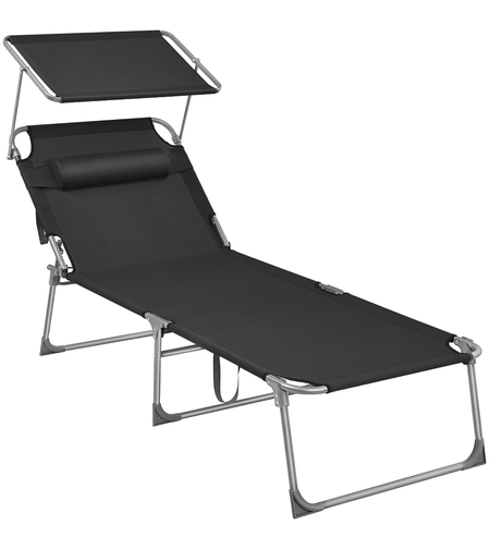 SONGMICS Sezlong pliabil, cu parasolar si tetiera, spatar reglabil in 4 pozitii, maxim 150kg, 200x71x38cm, negru