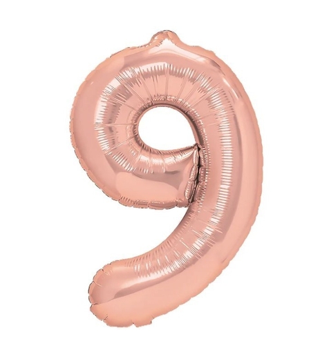 Balon din Folie Metalizata Flippy, Figurina Cifra, Tema Aniversare 100 cm, Ambalaj Individual, Pai inclus, Umflare cu Aer sau Heliu, Coral, Rose Gold, Cifra 9