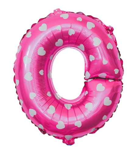 Balon Folie Metalizata Litera O, Flippy, 40 cm, Cu Imprimeu Inimioare, Umflati cu Heliu sau Aer, Ambalaj Individual, Pai inclus, Roz