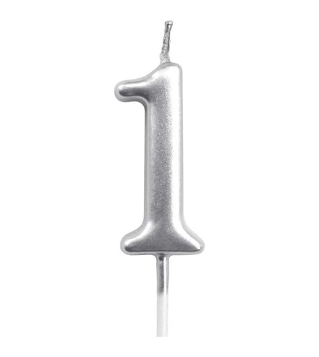 Lumanare de Tort, Flippy, Model Cifra 1, Party, 4.5 x 2.5 cm, din Parafina, Argintiu