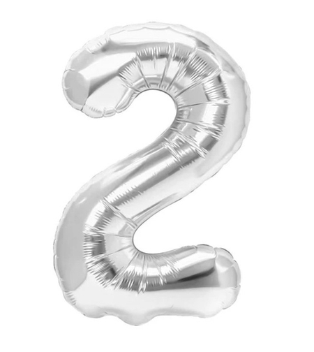 Balon din Folie Metalizata, Flippy, Figurina Cifra, Tema Aniversare 80 cm, Ambalaj Individual, Pai inclus, Umflare cu Aer sau Heliu, Argintiu, Cifra 2