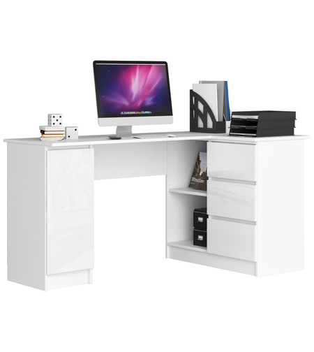 Birou colt dreapta in L cu 3 sertare si rafturi, fronturi din MDF lucios, 155x85x77 cm, alb lucios