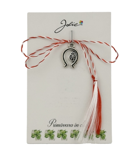 Martisor Traditional, Jolie, Model Potcoava, cu Snur Alb/Rosu, 5.5cm x 8.5cm, Argintiu