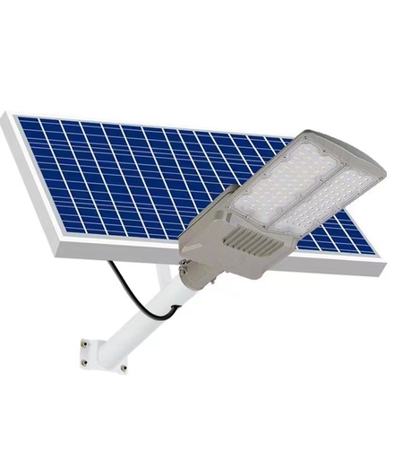 Lampa solara stradala Flippy, pentru curte sau strada, cu doua grile, finisaj mat, rezistent la apa, montare prin fixare, senzor lumina, baterie de litiu, IP65, lumina rece, putere 300W, autonomie 10 ore, 51.5 x 21 cm, gri