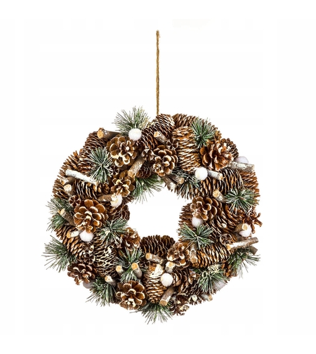 Coronita decorativa cu conuri si ramuri cu sclipici, diametru 34 cm, bej