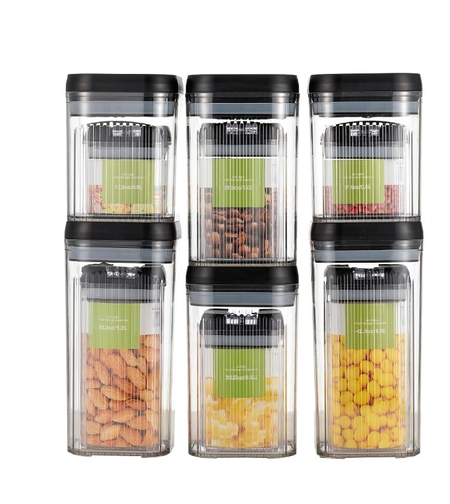 Cutii de Depozitare Alimente, Flippy, Set din 12 Cutii de tip Container, Recipiente pentru Cereale in Bucatarie, Transparente cu Capac Negru