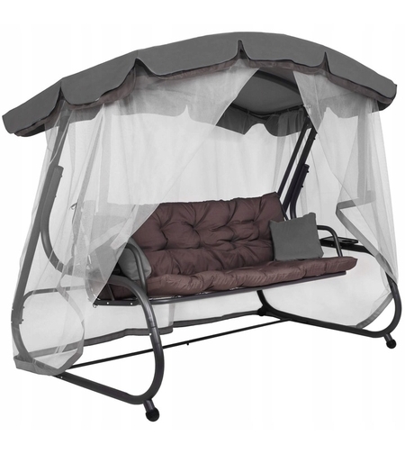 Balansoar gradina 226x126x192 cm, 3 in 1 leagan, pat si relaxare, cu plasa anti-insecte, copertina reglabila, saltea si perne incluse, gri si maro