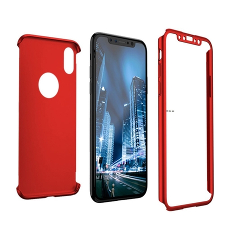 Set Husa si Folie de Protectie, Flippy, Compatibila cu Apple iPhone X, Full Cover 360°, Plastic + Sticla, Rosu