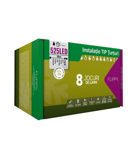 Instalatie Craciun Turturi, IP44, 18 m, 525 Led-uri ,Perdea Franjurata, Alb cald, 8 jocuri de lumini, Transformator 31 V, Putere 9 W, Interconectabila, Interior/Exterior, Prelungitor 5 m inclus, Fir Transparent, Flippy