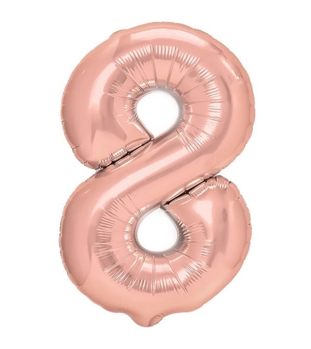 Balon din Folie Metalizata Flippy, Figurina Cifra, Tema Aniversare 80 cm, Ambalaj Individual, Pai inclus, Umflare cu Aer sau Heliu, Rose Gold, Cifra 8