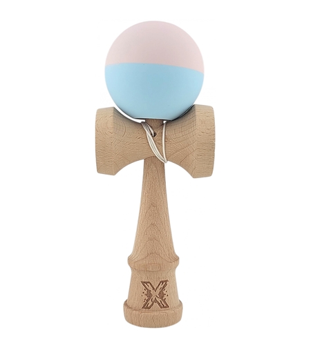 Kendama X Originala, Profesionala, Flippy, din lemn, Rubber Grip, 18 cm, Roz/Albastru