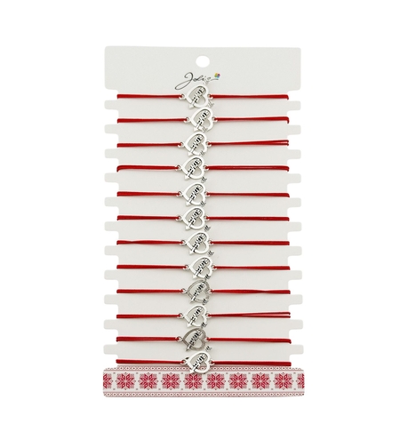 Martisor Bratara Elastica cu Pandantiv din Inox, Jolie, pentru Dama, Set 12 bucati, Snur Rosu Textil, Model Inima Love