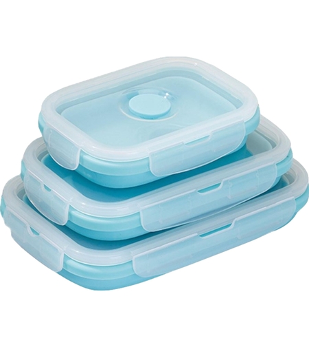 Set 3 caserole pliabile Flippy, din silicon, rezistenta la temperaturi ridicate, usor de depozitat si curatat, 350/500/800 ml, utilizare in cuptorul cu microunde, albastra