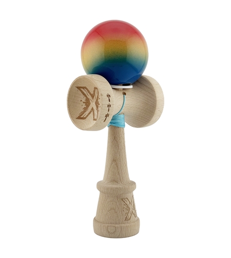Kendama X Originala, Profesionala, Flippy, Super Sticky cu Cupe Mari KING SIZE V3, Gaura in Baza, Rulment Metalic, din lemn 18 cm, Ata 62/65 cm, Gradient Rosu/Galben/Albastru
