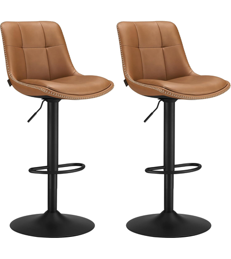 VASAGLE Set 2 scaune bar reglabile, rotative 360°, tapiterie PU, cadru metalic, 44x30x90-112 cm, maro caramel
