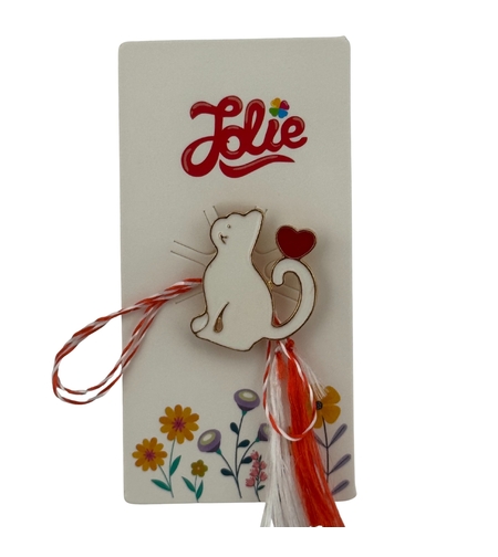 Martisor pentru copii, Jolie, Material Metal, Ambalaj Carton cu Design, Dimensiune Brosa Aproximativ 2x2 cm, Multicolor, Model Pisica