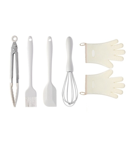 Set 5 Ustensile de Bucatarie, Flippy, din Silicon+Inox, Termorezistente, Antiaderente, 28 x 26 x 2 cm, Alb Ivory