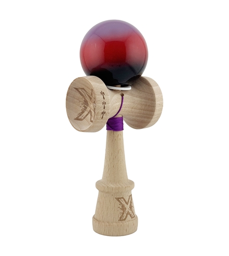 Kendama X Originala, Profesionala, Flippy, Super Sticky cu Cupe Mari KING SIZE V3, Gaura in Baza, Rulment Metalic, din lemn 18 cm, Ata 62/65 cm, Gradient Mov/Rosu/Negru