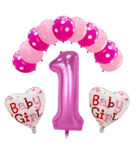 Set 13 baloane, pentru Prima Aniversare, 10 baloane latex, 2 baloane inima folie, cifra 1, Roz