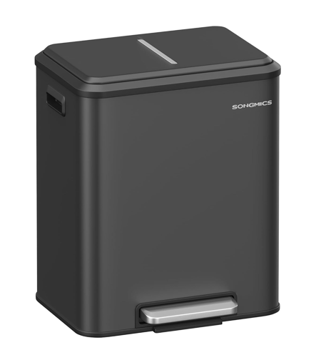 SONGMICS Cos gunoi metalic, 2 compartimente, 2x15 litri, pedala si inchidere silentioasa, negru