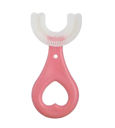 Periuta de Dinti in Forma de U, Flippy, pentru Sugari si Copii 2-6 ani, Peri Moi, 9 cm, Model Inima, Culoare Roz