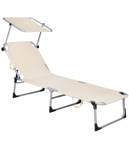 Sezlong pliabil cu parasolar, 188x57x38cm, sarcina 120kg, crem