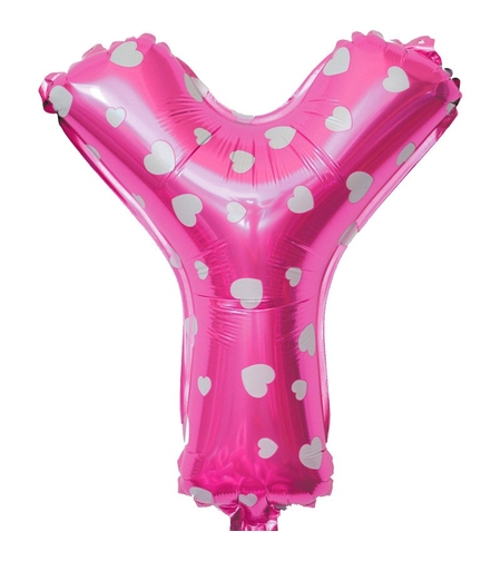 Balon Folie Metalizata Litera Y, Flippy, 40 cm, Cu Imprimeu Inimioare, Umflati cu Heliu sau Aer, Ambalaj Individual, Pai inclus, Roz