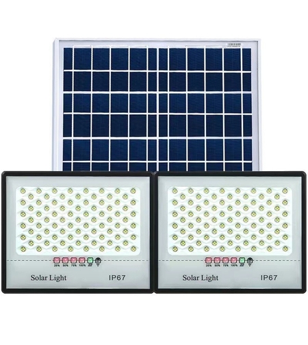 Set 2 proiectoare LED cu Panou Solar Flippy, Senzor de miscare, Telecomanda, Waterproof, 322*2 LED-uri incorporate, 200W, 30*24 cm, IP67, Design Modern, Negru