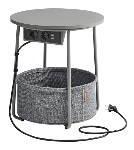 VASAGLE Masuta de cafea rotunda cu cos de stofa, statie de incarcare 2 prize si 2 USB, 45x50cm, gri argintiu