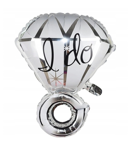 Balon din Folie Metalizata, Flippy, Figurina Inel de Logodna, Model Diamant, Tema Nunta, 60 cm, Ambalaj Individual, Pai Inclus, Umflare cu Aer sau Heliu, Alb