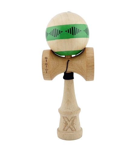 Kendama X FREQUENCY Originala, Profesionala, Flippy, Big Cups V2, Super Sticky cu Cupe Mari, Rulment Metalic, din lemn 18 cm, Ata 55 cm, Verde/Maro