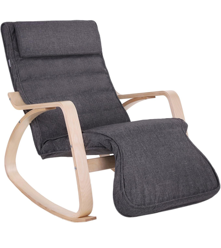 SONGMICS Scaun balansoar din lemn, suport picioare reglabil, maxim 150kg, 67x115x91cm, gri inchis