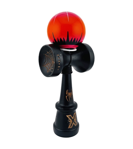 Kendama X Originala, Profesionala, Flippy, BLACK Spider King, Super Sticky cu Cupe Mari KING SIZE V3, Gaura in Baza, Rulment Metalic, din lemn 18 cm, Ata 62/65 cm, Rosu/Negru
