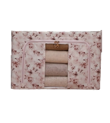 Cutie Depozitare, Vafy, 66L, din Material Textil, 50 x 40 x 33 cm, pentru Haine si Lenjerii, Model Fluturasi, Roz/Gri