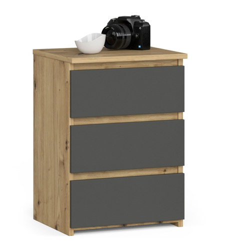Noptiera cu 3 sertare, PAL laminat 16 mm, 40x35x57 cm, stejar artisan si gri