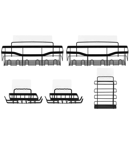 Set 5 polite metalice pentru dus cu montaj autoadeziv, inox, negru mat