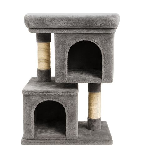 Ansamblu de zgariat pentru pisici tip turn cu 2 niveluri, tunel, casuta si pat, MDF si plus, 67 cm, gri