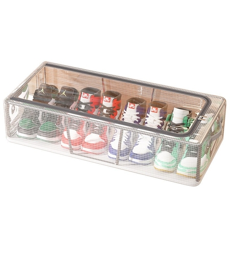 Cutie de Depozitare pentru Pantofi, Flippy, 60x30x21 cm, din Plasa PVC Impermeabila si Cadru de Otel, Pliabila, Fermoar Bidirectional, Transparenta