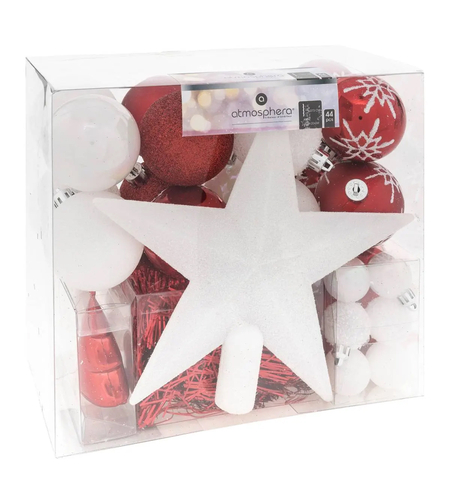 Set decoratiuni Craciun, 44 piese, cu globuri, ghirlanda si varf de brad, rosu si alb