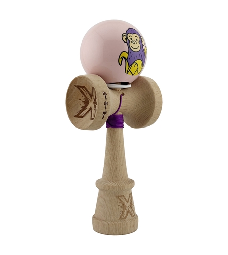 Kendama X Originala, Profesionala, Flippy, Violet Monkey, Super Sticky cu Cupe Mari King Size V3, Rulment Metalic si Gaura in Baza, din Lemn 18 cm, Ata 62/65 cm, Roz