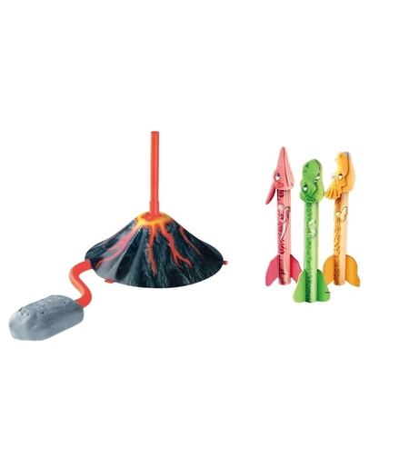 Jucarie pentru Copii, Flippy, Lansator de Rachete cu Piciorul, un Singur Lansator, 3 Rachete Donozauri cu Lumini, 30 cm Inaltime, Model Vulcan, Multicolor