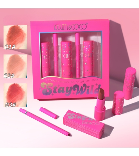 Set de Buze, KEVIN & COCO, Stay Wild, 3 Lip Stick-uri si 3 Creioane de Buze, 16.1 x 16 x 2.6 cm, Nuante Calde