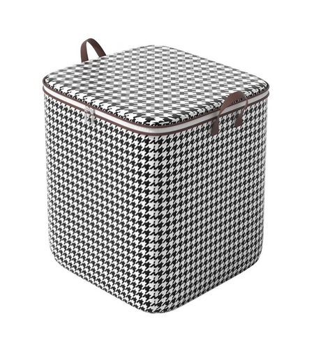 Cutie de Depozitare cu Fermoar, Flippy, Pliabila, Maner Ranforsat, Fermoar Rezistent, pentru Haine, Paturi, Plapumi, Perne, Lenjerii de Pat, Jucarii, 56x45x56 cm, 140 Litri, in Carouri, Alb-Negru