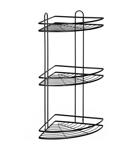 Etajera de colt pentru dus, cu 3 polite, montaj pe perete, inox, 25x25x59 cm, negru