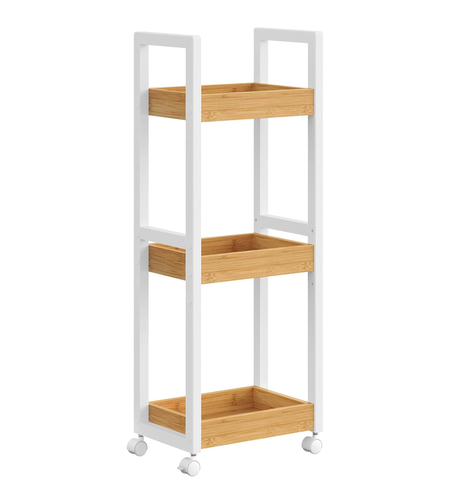 SONGMICS Carucior de baie, raft ingust cu roti, bambus si MDF, 20x30x80 cm, alb si maro natur